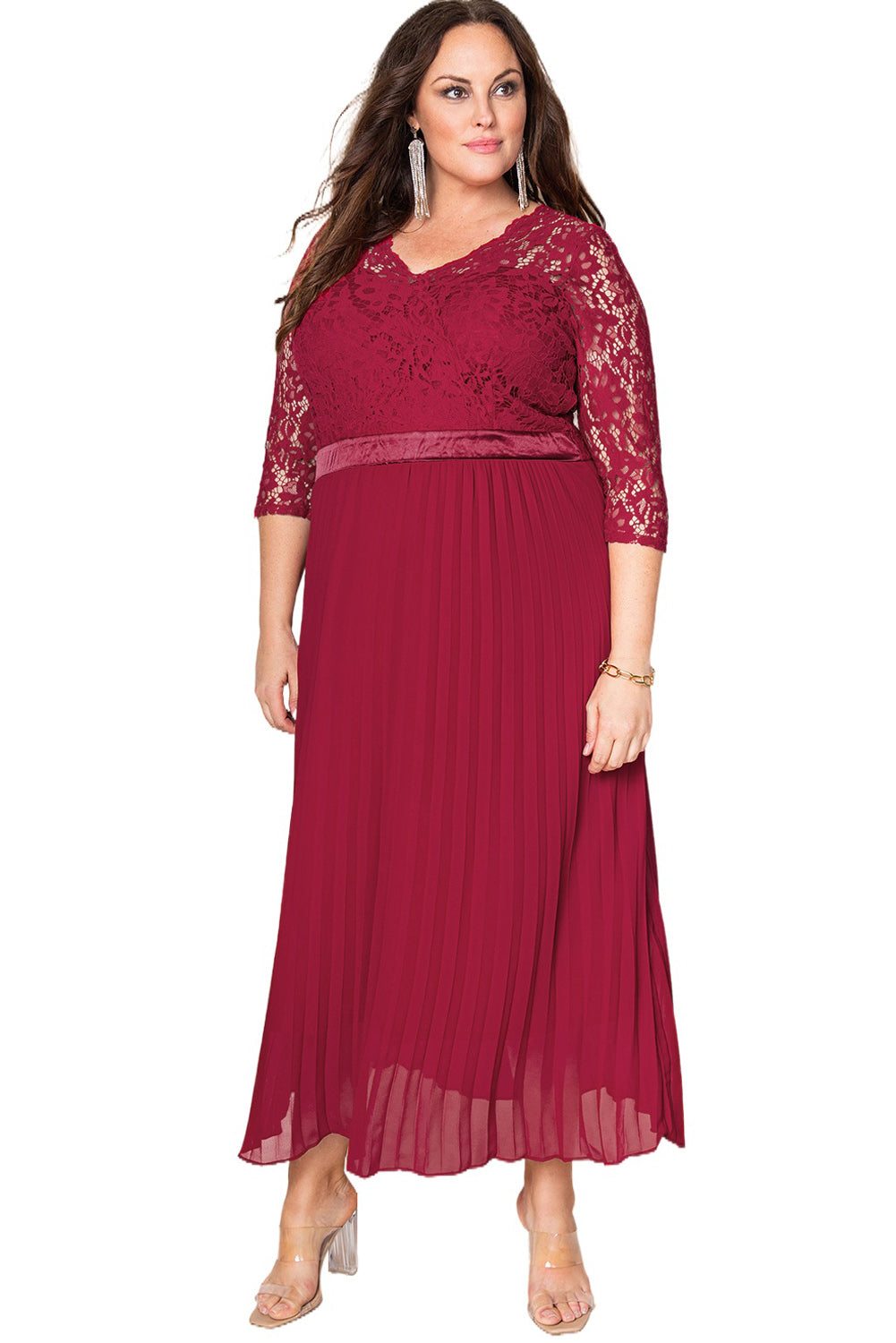 Vestido largo encaje festoneado cuello en V mangas 3/4 tul plisado plus rojo fuego