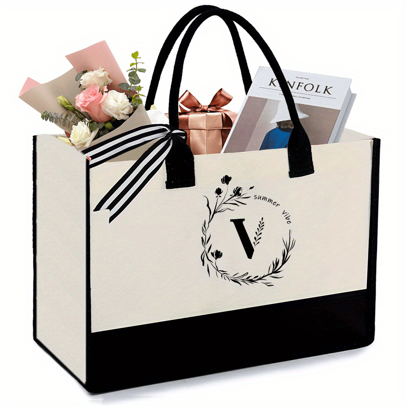 Initial Canvas Tote Bag With Zipper Pocket 13OZ Embroidery Monogrammed Personalized Birthday Gifts For Women And Men | Letter J