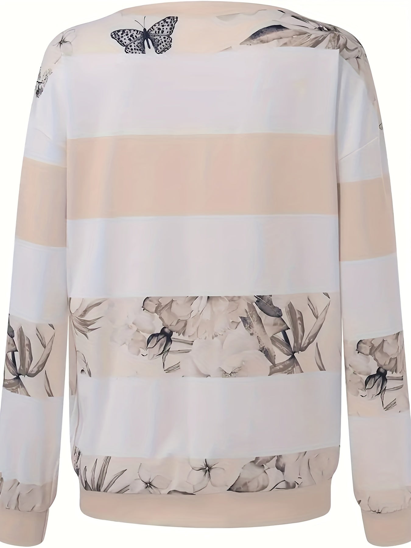 Floral Print Striped Zipper Pullover Sweatshirt, Casual Long Sleeve Sweatshirt For Fall & Winter, Women's Clothing