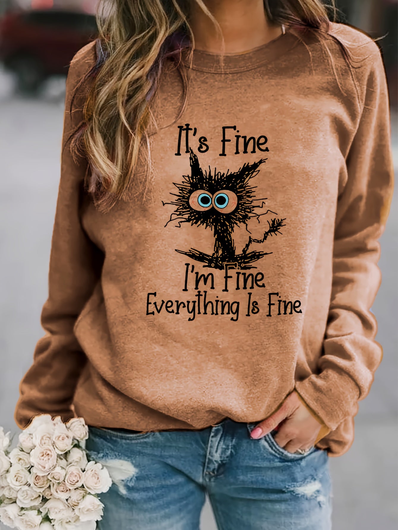 It's Fine Cartoon Cat Print Sweatshirt, Long Sleeve Crew Neck Casual Sweatshirt For Winter & Fall, Women's Clothing