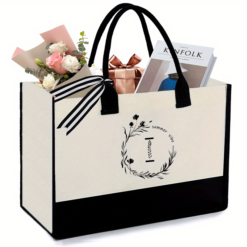Initial Canvas Tote Bag With Zipper Pocket 13OZ Embroidery Monogrammed Personalized Birthday Gifts For Women And Men | Letter J