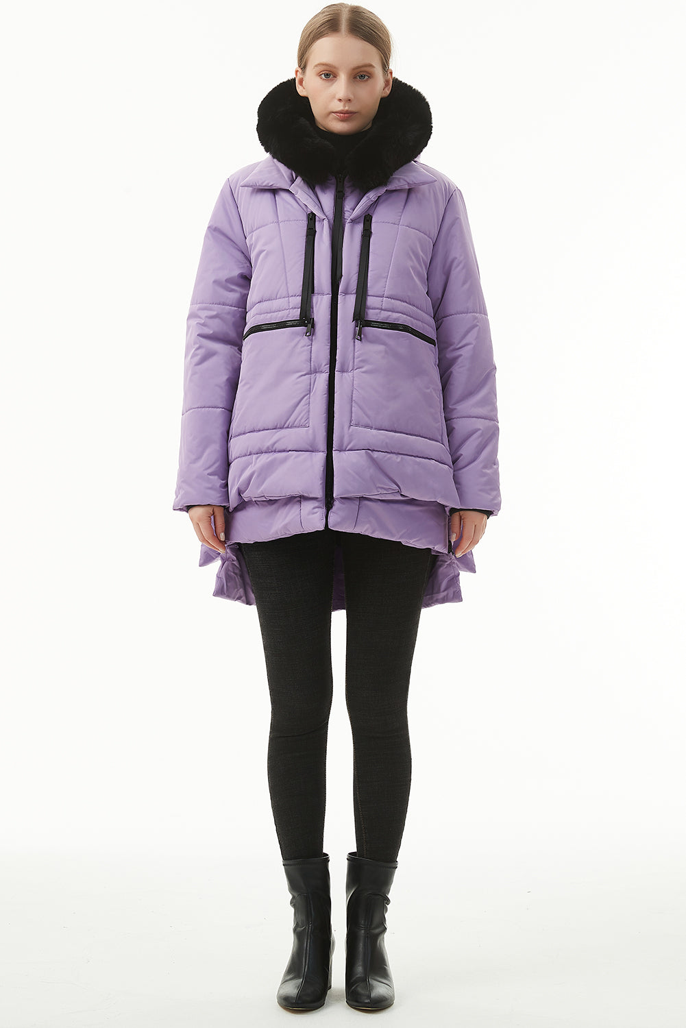 Beige Plush Linen Zip Up Hooded Puffer Coat
