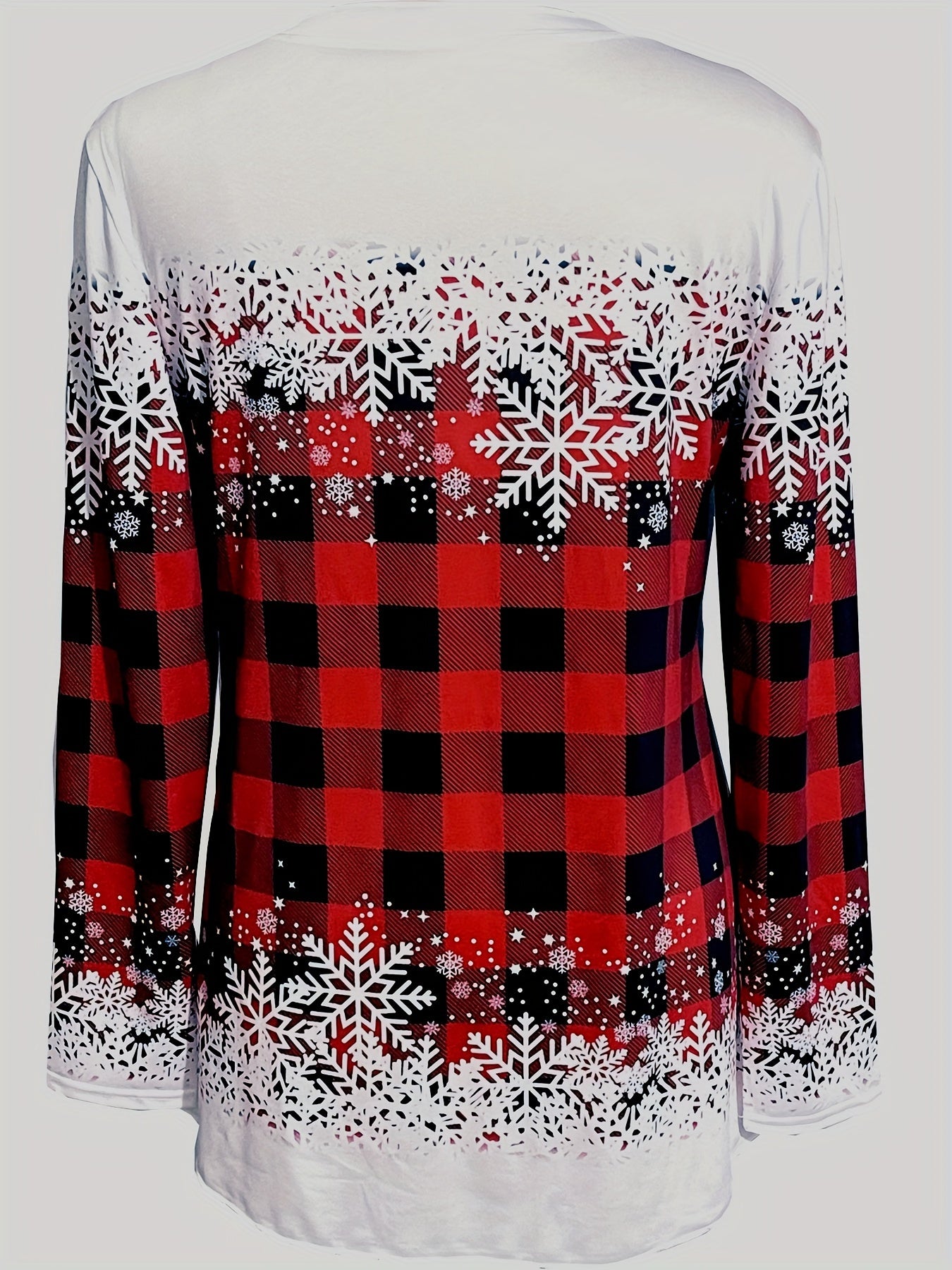 Snowflake & Plaid Print V Neck T-Shirt, Casual Long Sleeve Top For Spring & Fall, Women's Clothing