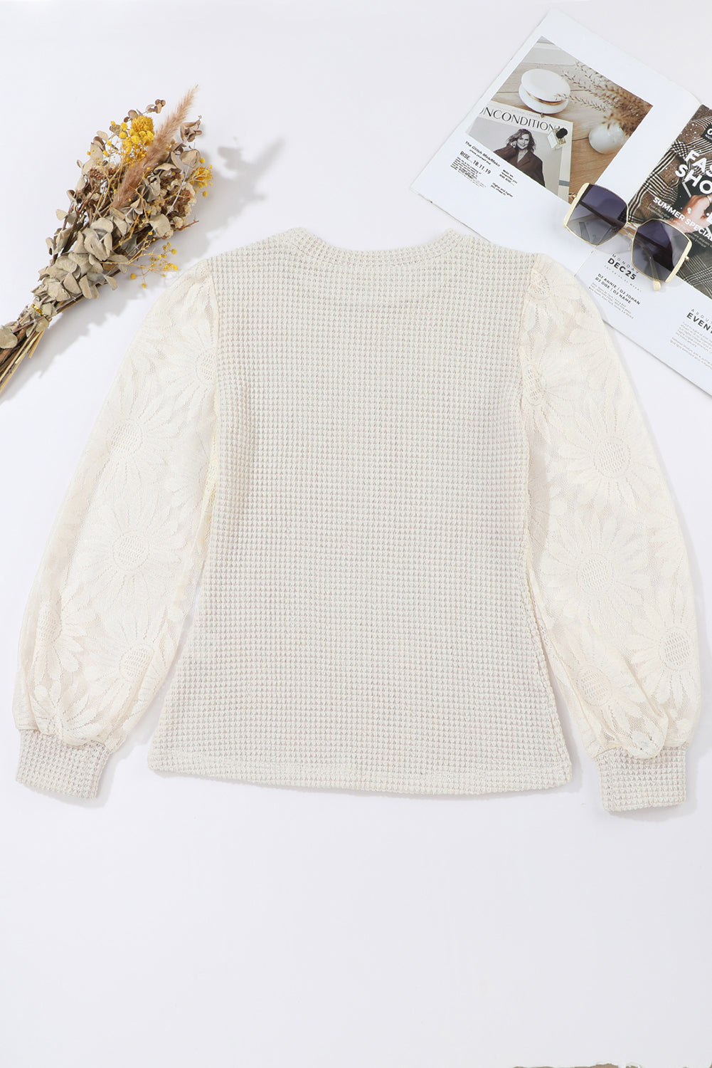 Peach Blossom Sunflower Mesh Bubble Sleeve Waffle Knit Top