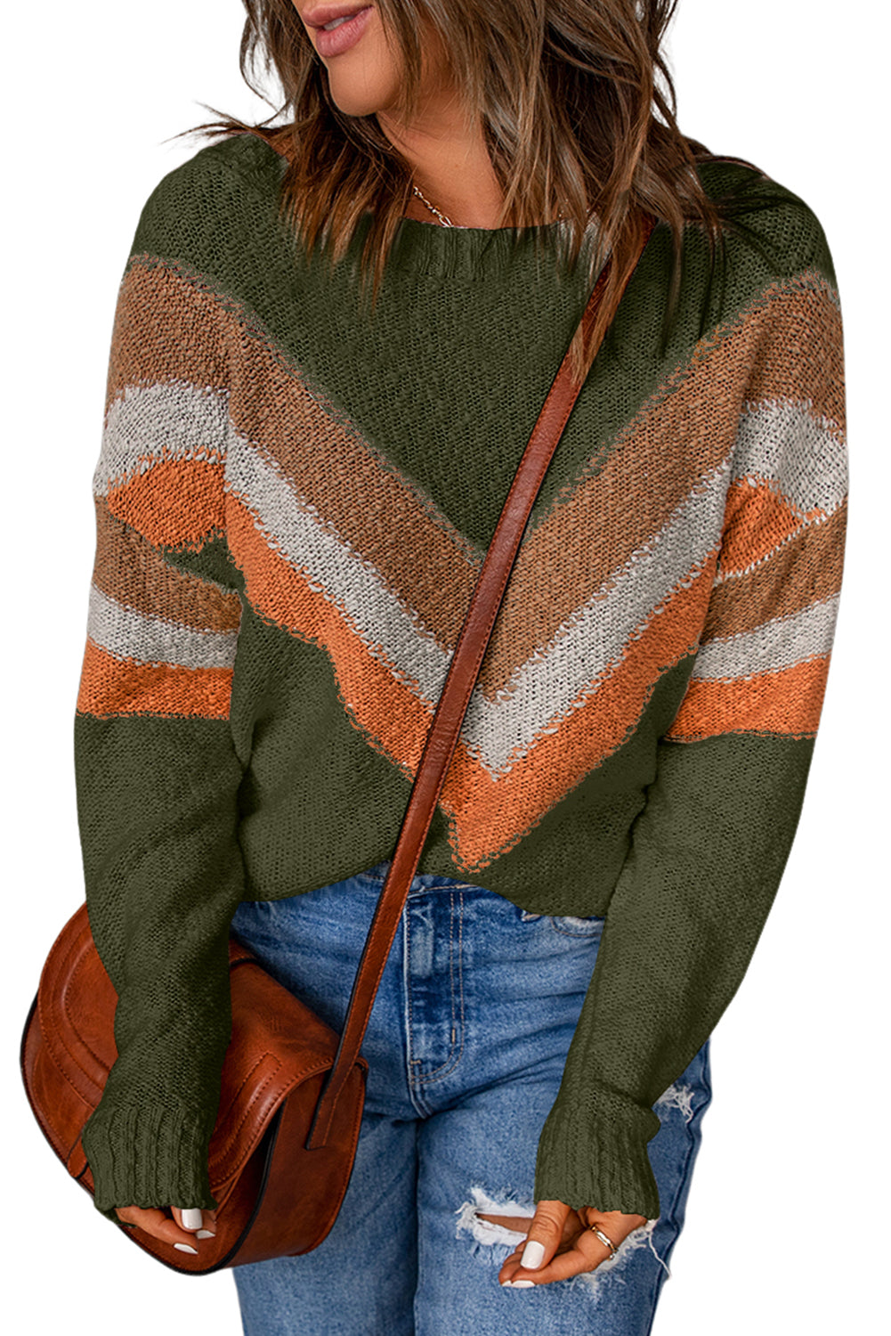 Black Chevron Striped Drop Shoulder Sweater