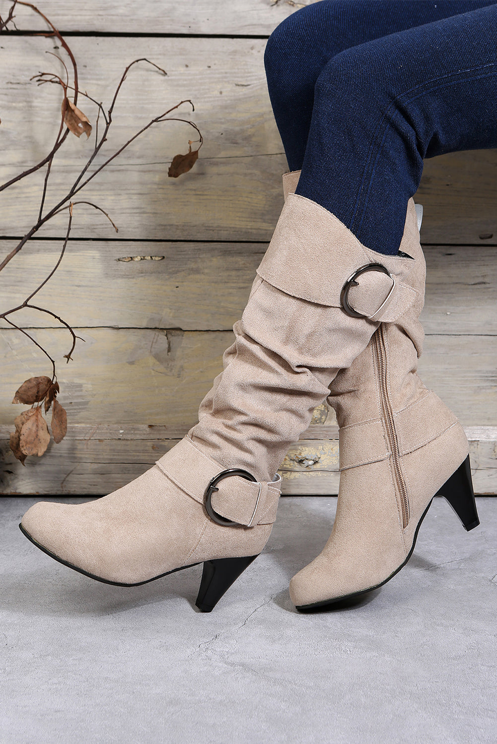 Chestnut Pointed Toe Buckle Decor Zipper Heeled Boots