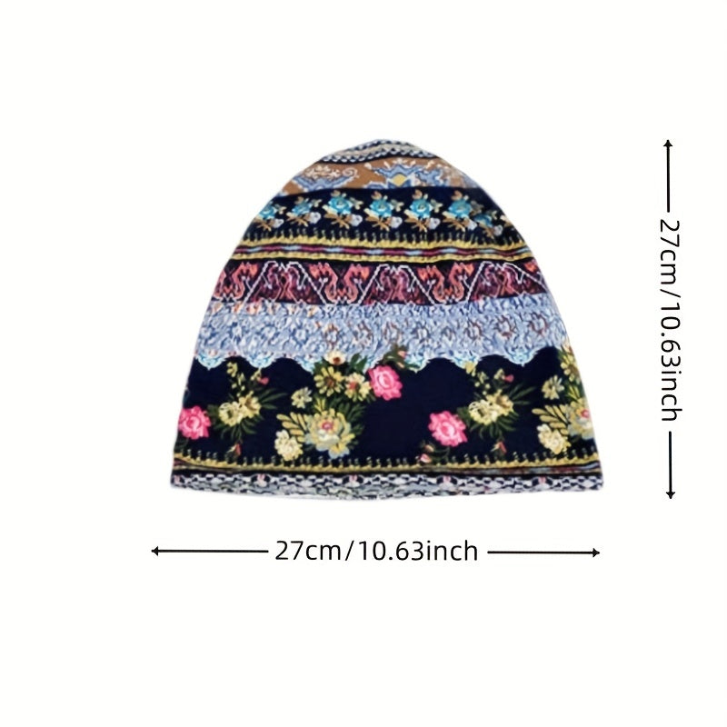 Vintage Floral Print Beanie Boho Coldproof Warm Knit Hat Casual Headband Elastic Skull Cap Chemo Hats For Autumn & Winter