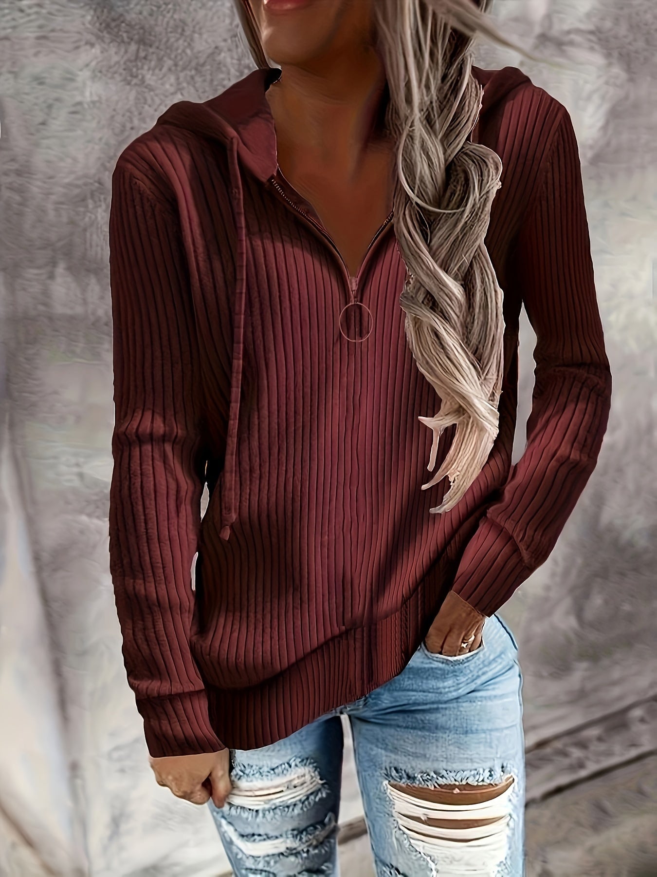 Zip-up Pullover Drawstring Hoodie, Casual Long Sleeve Ribbed Hoodie Sweatshirt, Women's Clothing