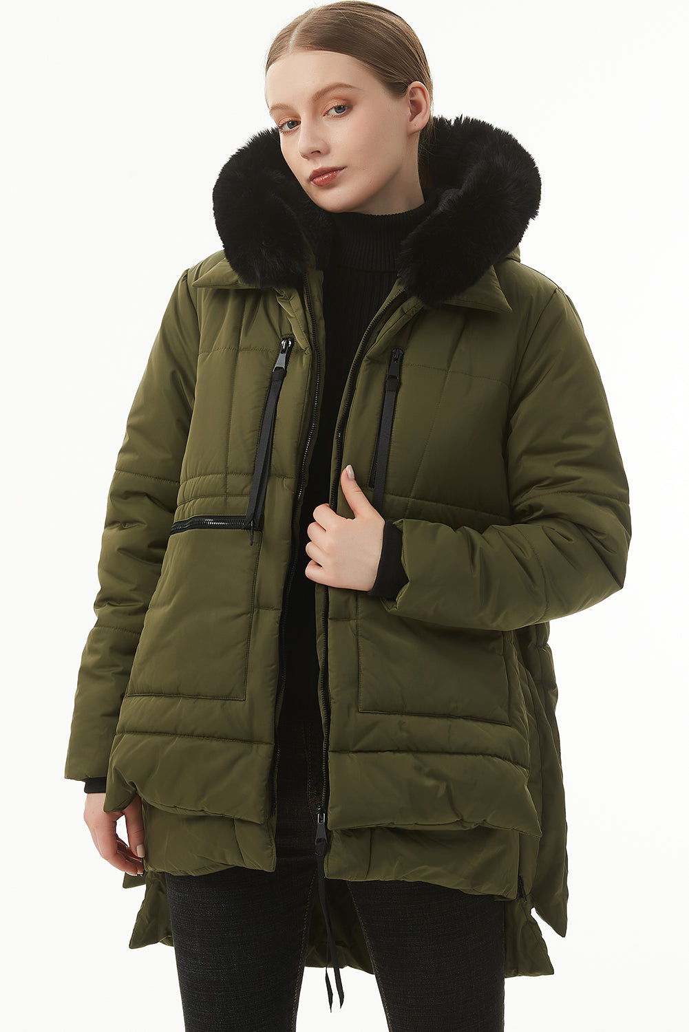Beige Plush Linen Zip Up Hooded Puffer Coat