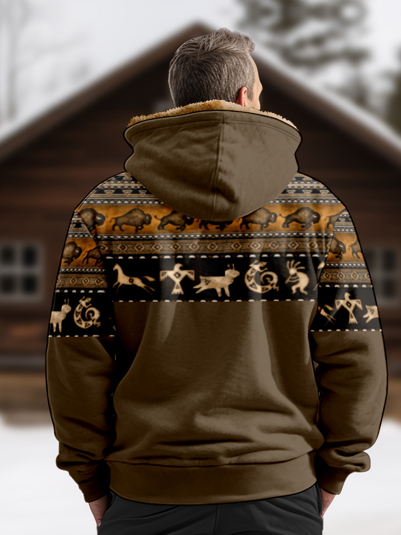 Men's Printed Warm Fleece Ethnic Style Hooded Coat For Fall Winter