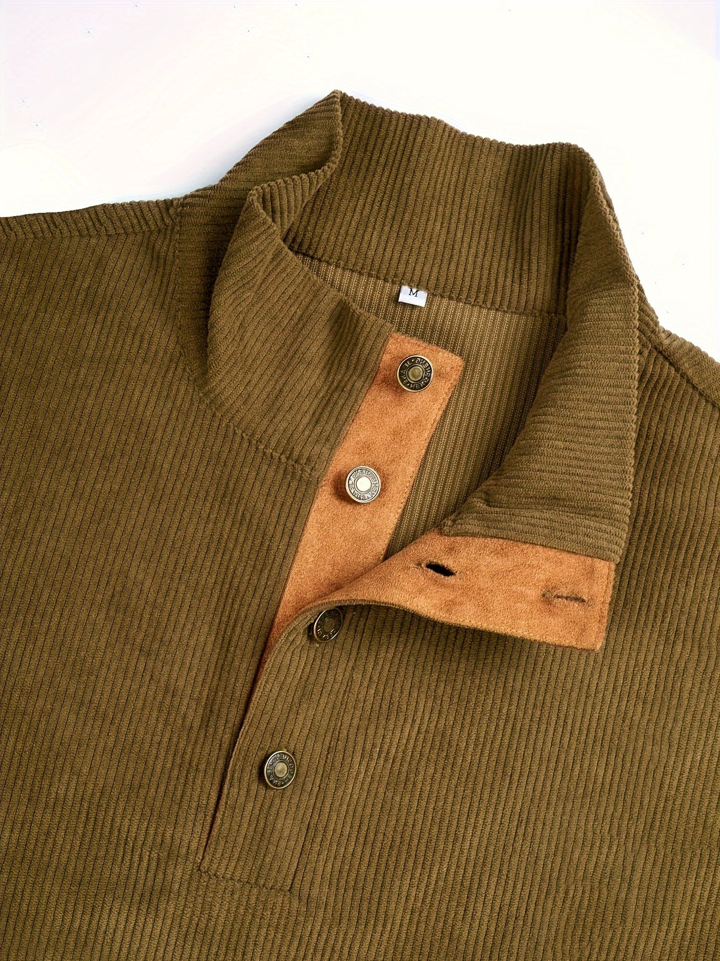 Ribbed Men's Casual Retro Stand Collar Thick Long Sleeve Henry Shirt, Fall Winter