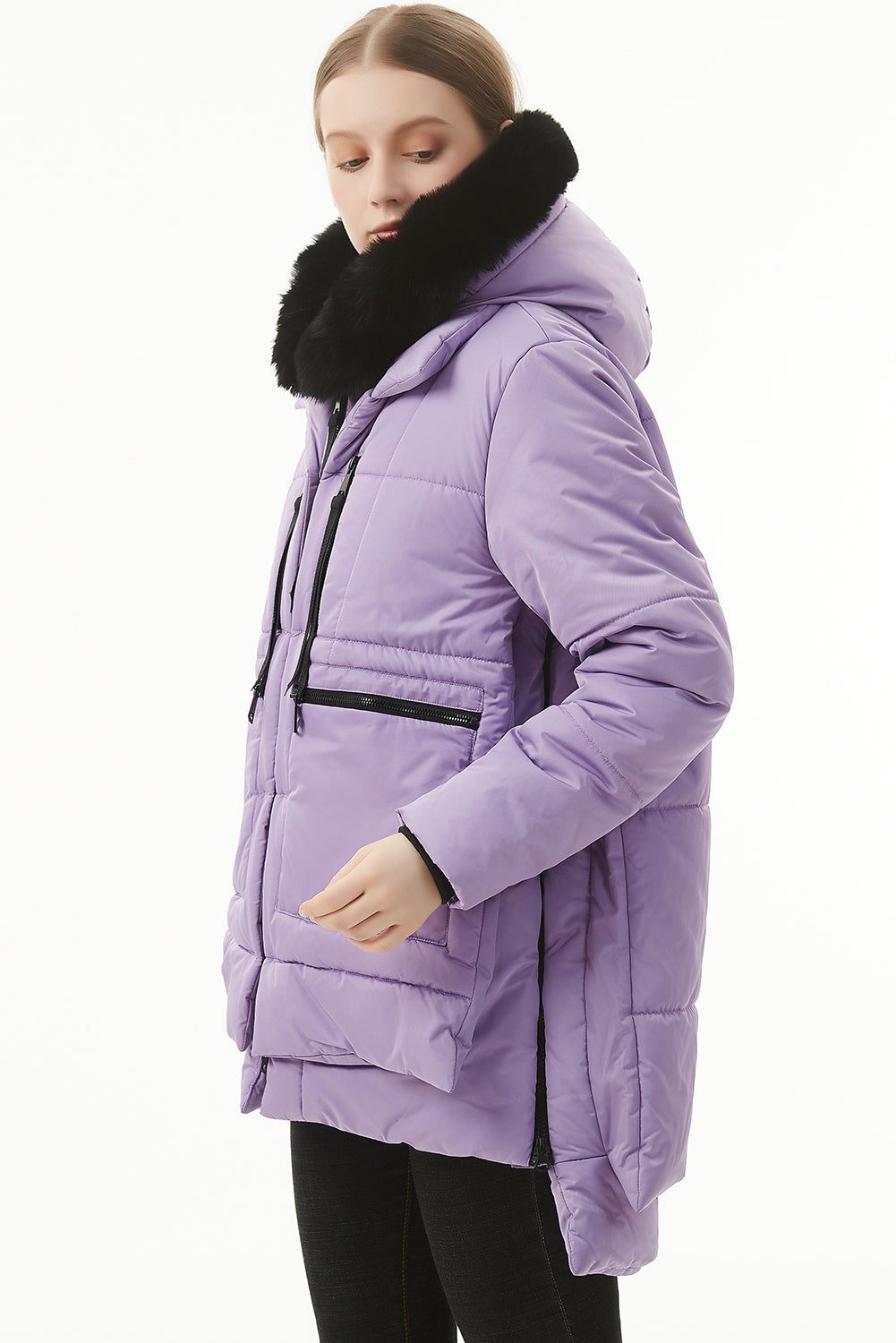 Beige Plush Linen Zip Up Hooded Puffer Coat
