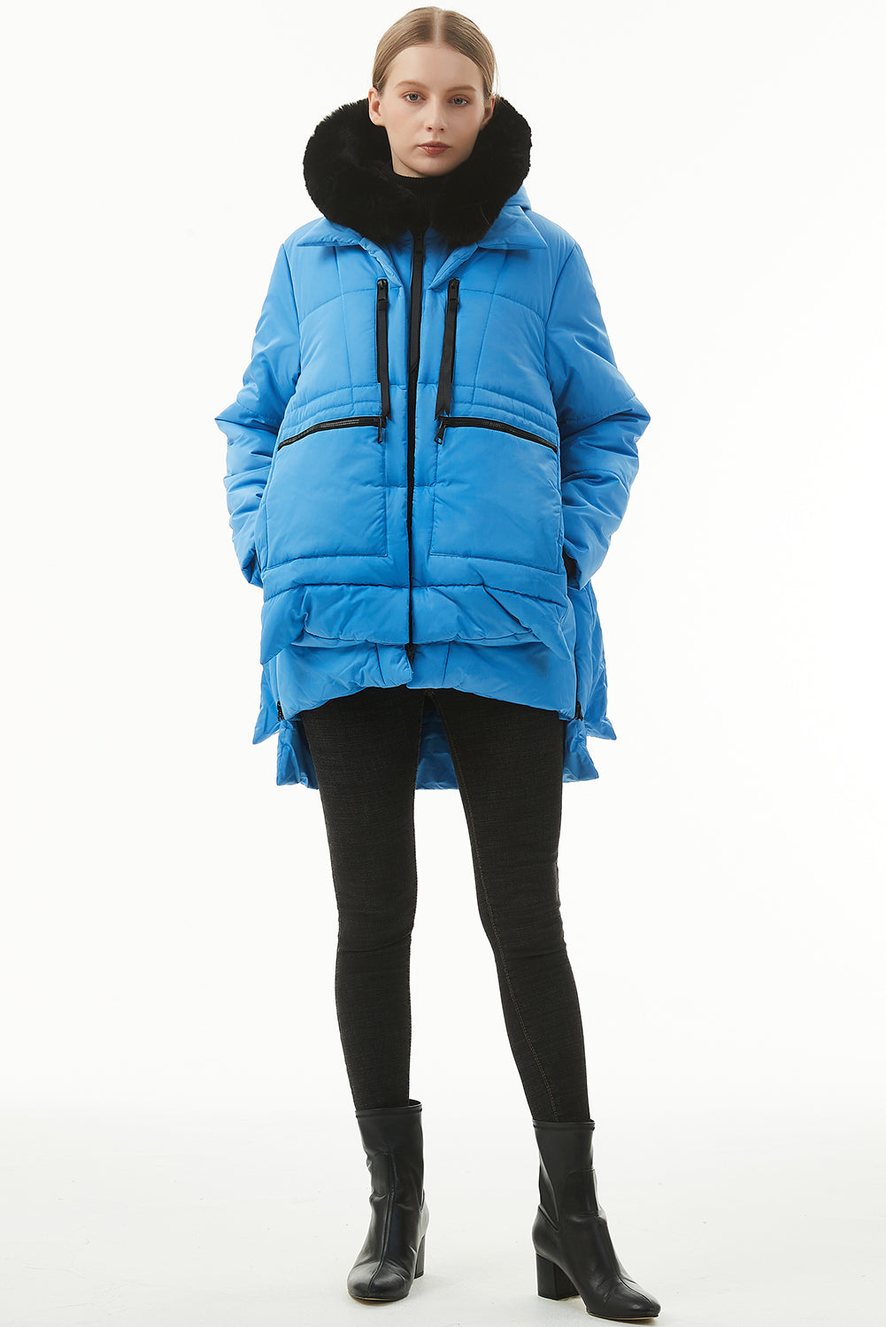 Beige Plush Linen Zip Up Hooded Puffer Coat