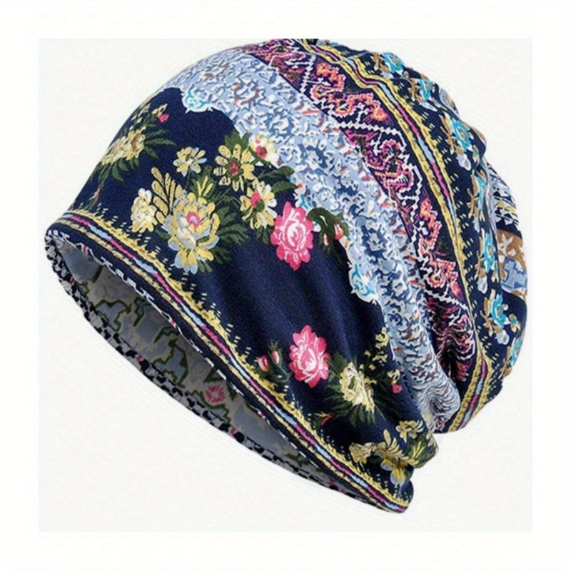 Vintage Floral Print Beanie Boho Coldproof Warm Knit Hat Casual Headband Elastic Skull Cap Chemo Hats For Autumn & Winter