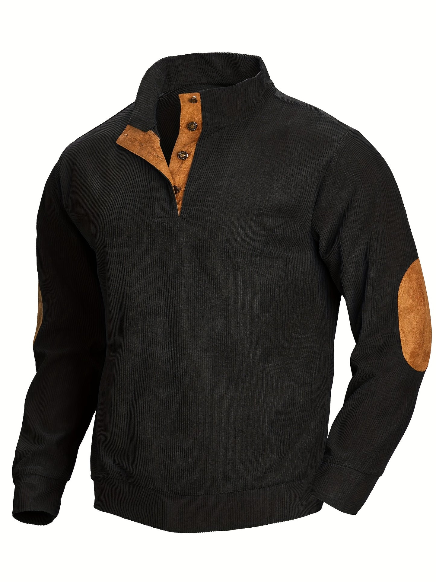 Ribbed Men's Casual Retro Stand Collar Thick Long Sleeve Henry Shirt, Fall Winter