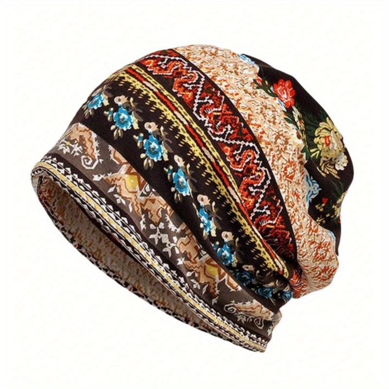 Vintage Floral Print Beanie Boho Coldproof Warm Knit Hat Casual Headband Elastic Skull Cap Chemo Hats For Autumn & Winter
