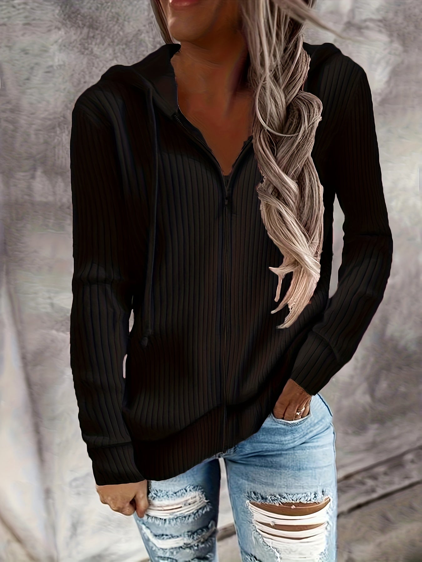 Drawstring Zip Up Hoodie, Casual Long Sleeve Hoodie For Fall & Winter, Women's Clothing