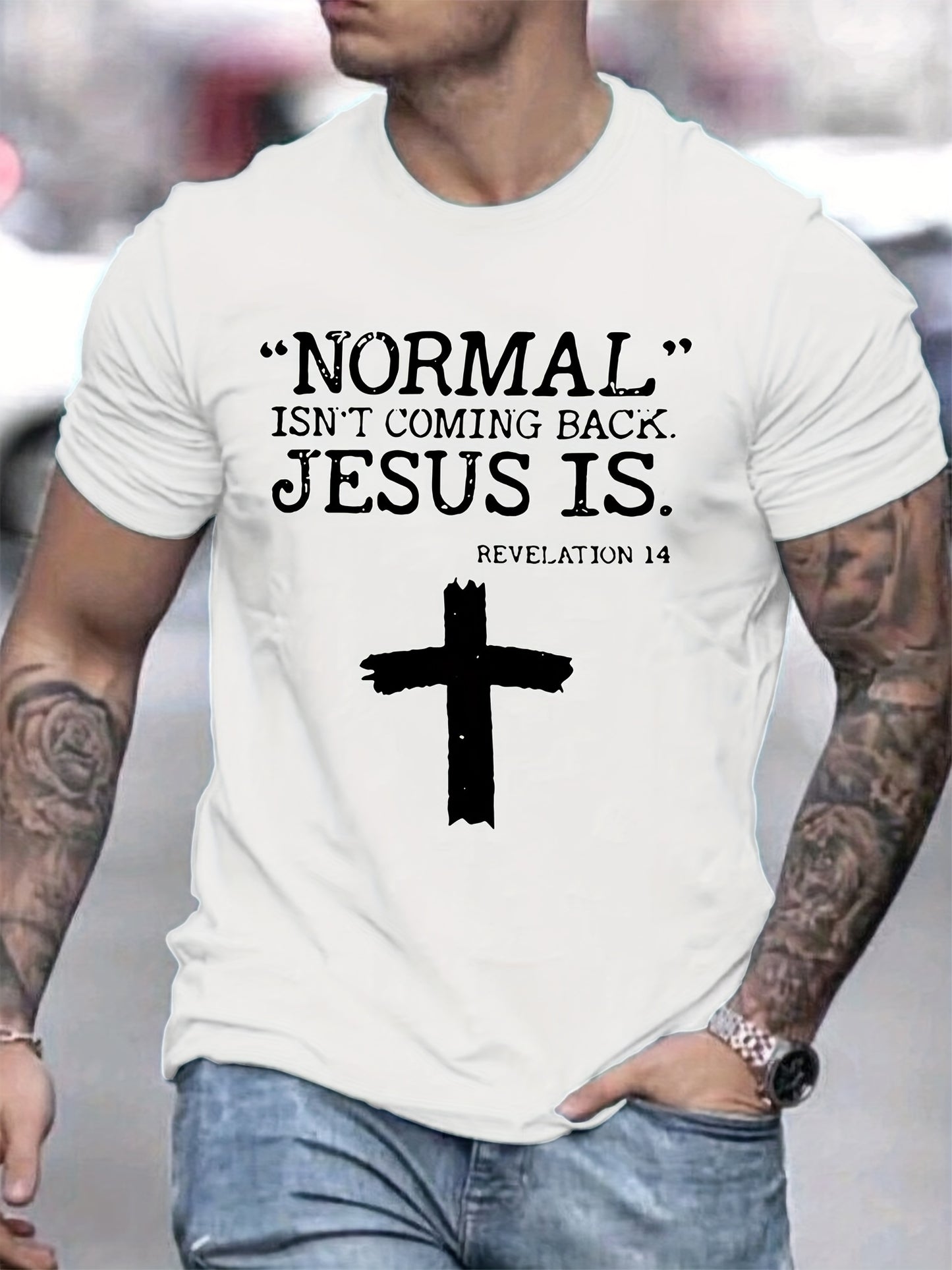 Cross & Jesus Letter Pattern Print Men's T-shirt, Graphic Tee Men's Summer Clothes, Men's Outfits
