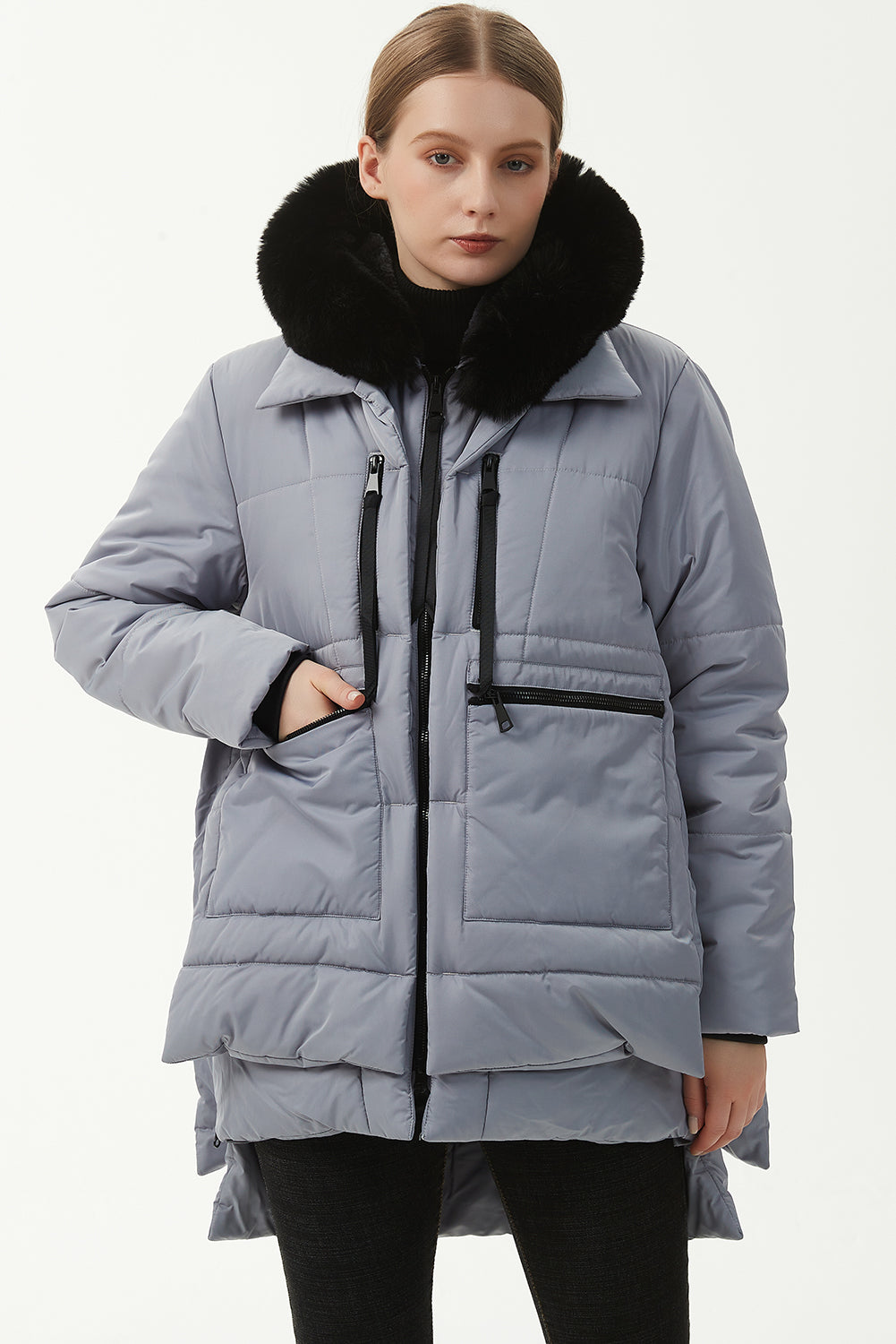 Beige Plush Linen Zip Up Hooded Puffer Coat