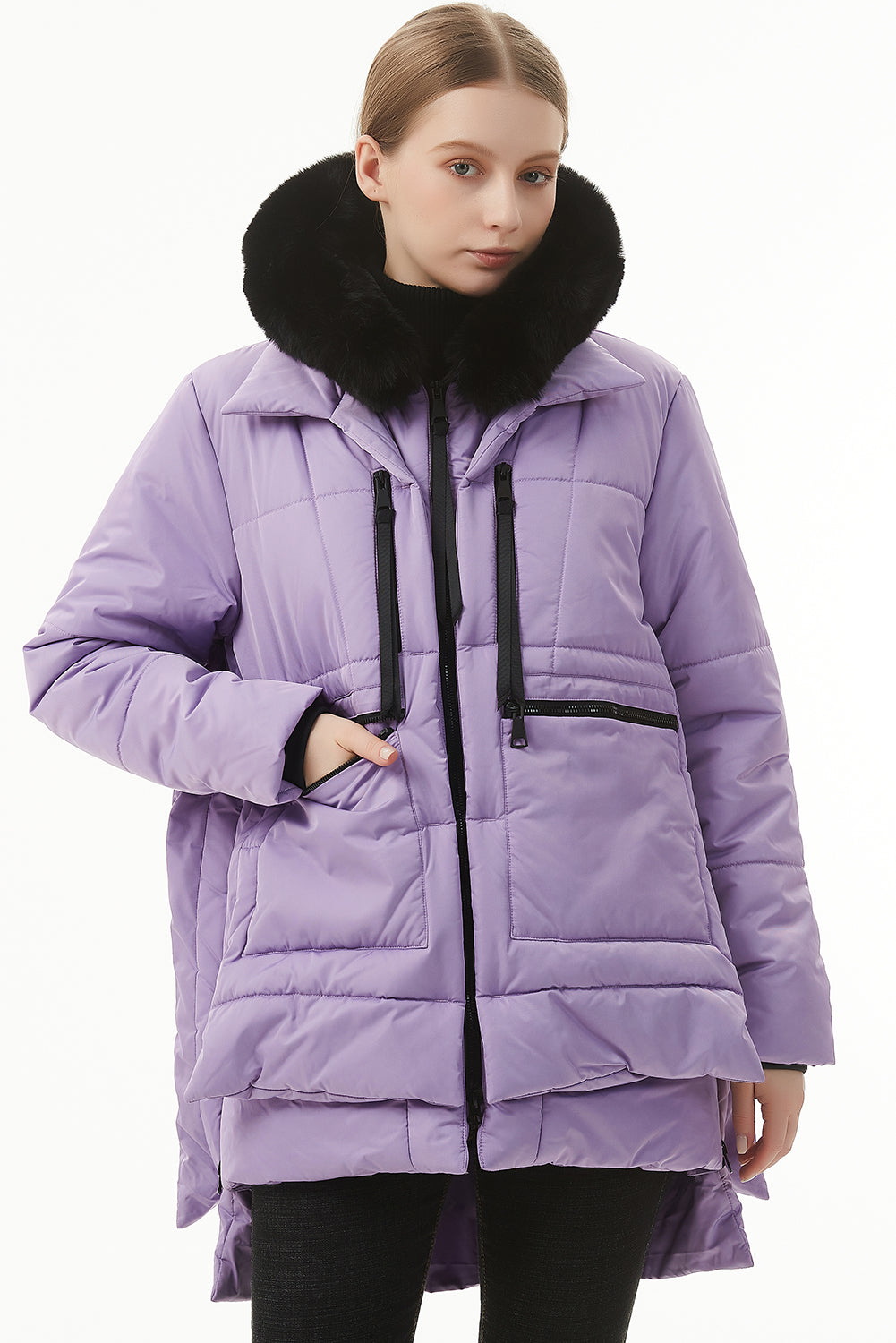 Beige Plush Linen Zip Up Hooded Puffer Coat