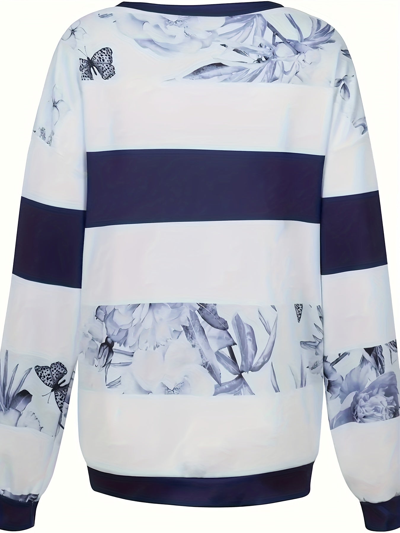 Floral Print Striped Zipper Pullover Sweatshirt, Casual Long Sleeve Sweatshirt For Fall & Winter, Women's Clothing