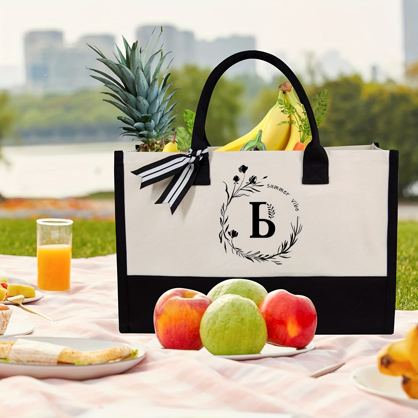 Initial Canvas Tote Bag With Zipper Pocket 13OZ Embroidery Monogrammed Personalized Birthday Gifts For Women And Men | Letter J