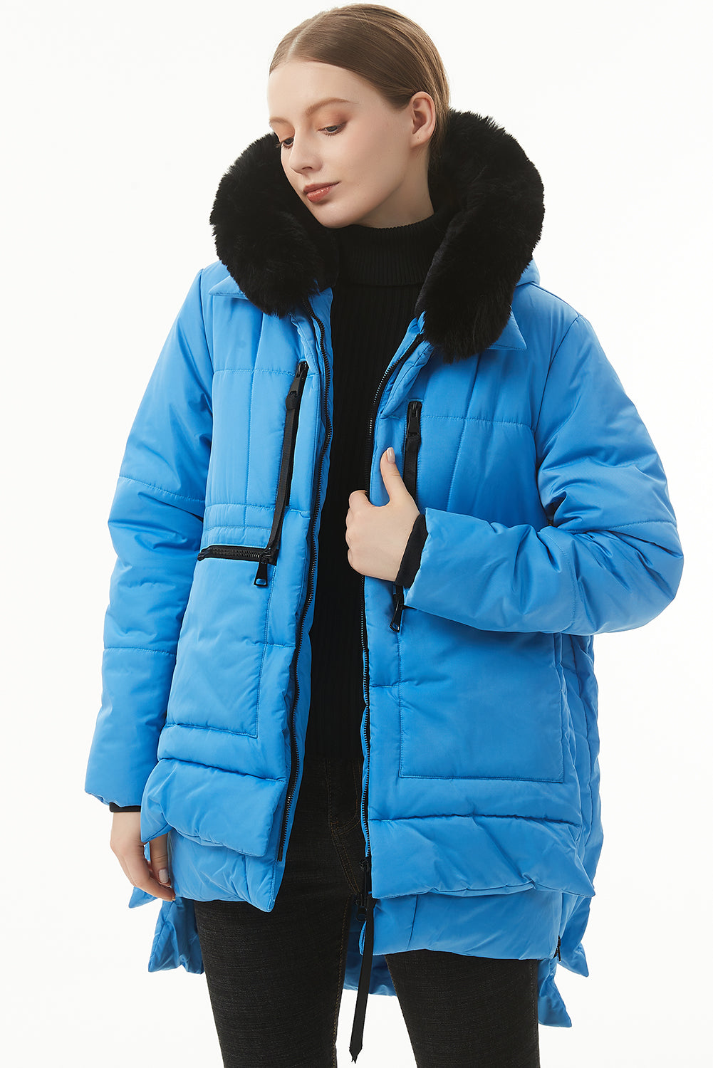 Beige Plush Linen Zip Up Hooded Puffer Coat