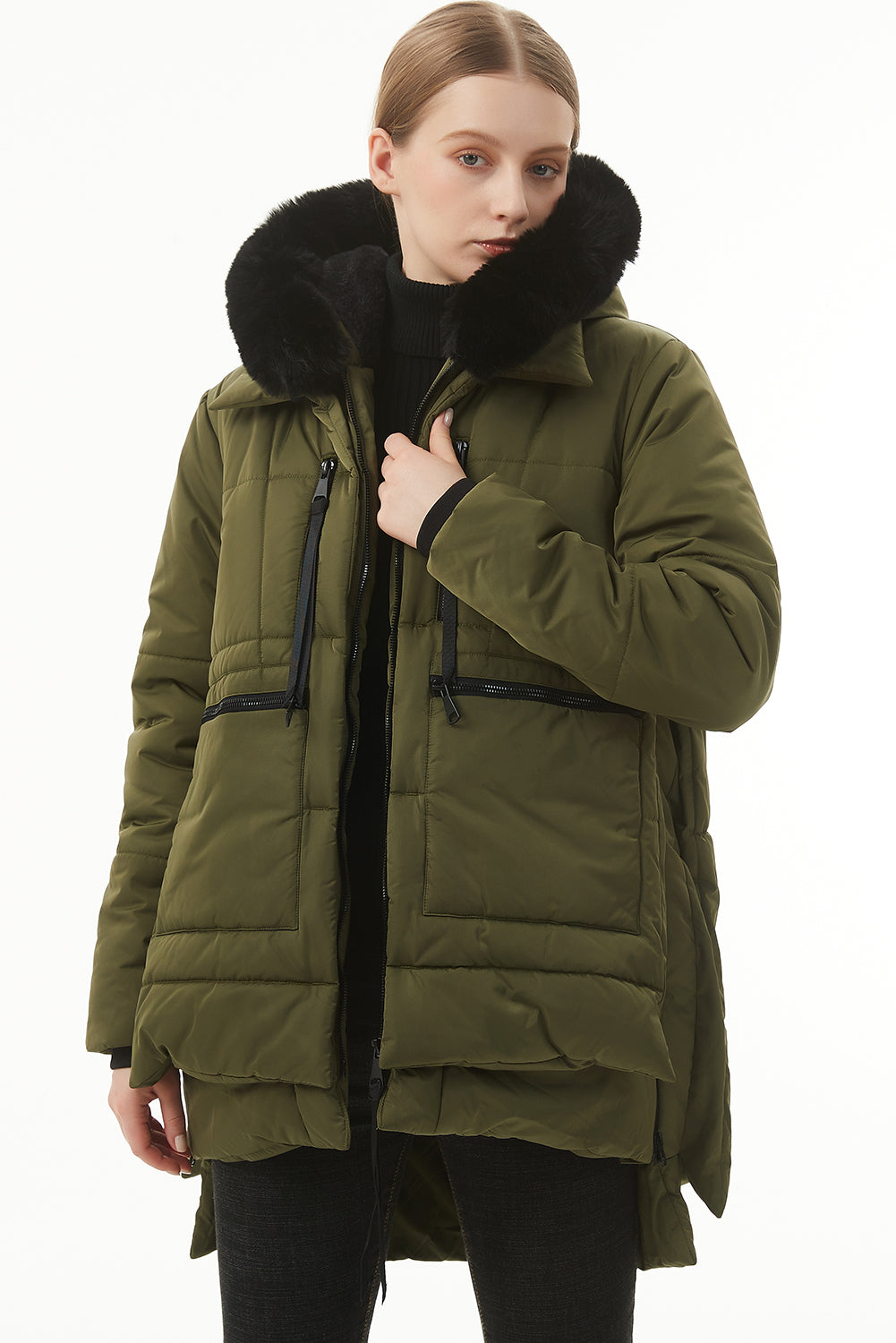 Beige Plush Linen Zip Up Hooded Puffer Coat
