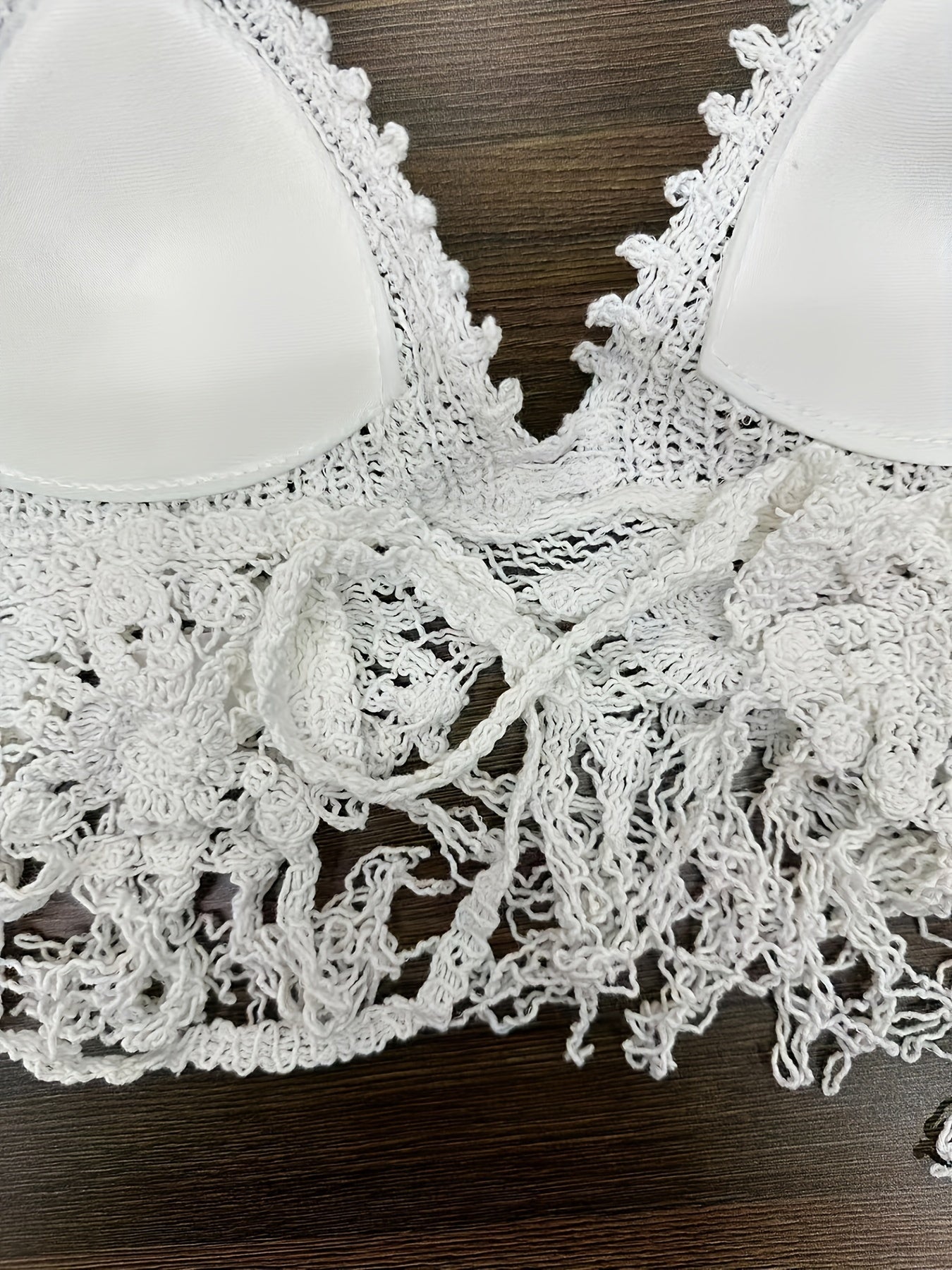 Floral Crochet Fringe Plain Scallop Trim Boho Beach Top, Halter Backless Hollow Out Paddings Top, Women's Swimwear & Clothing
