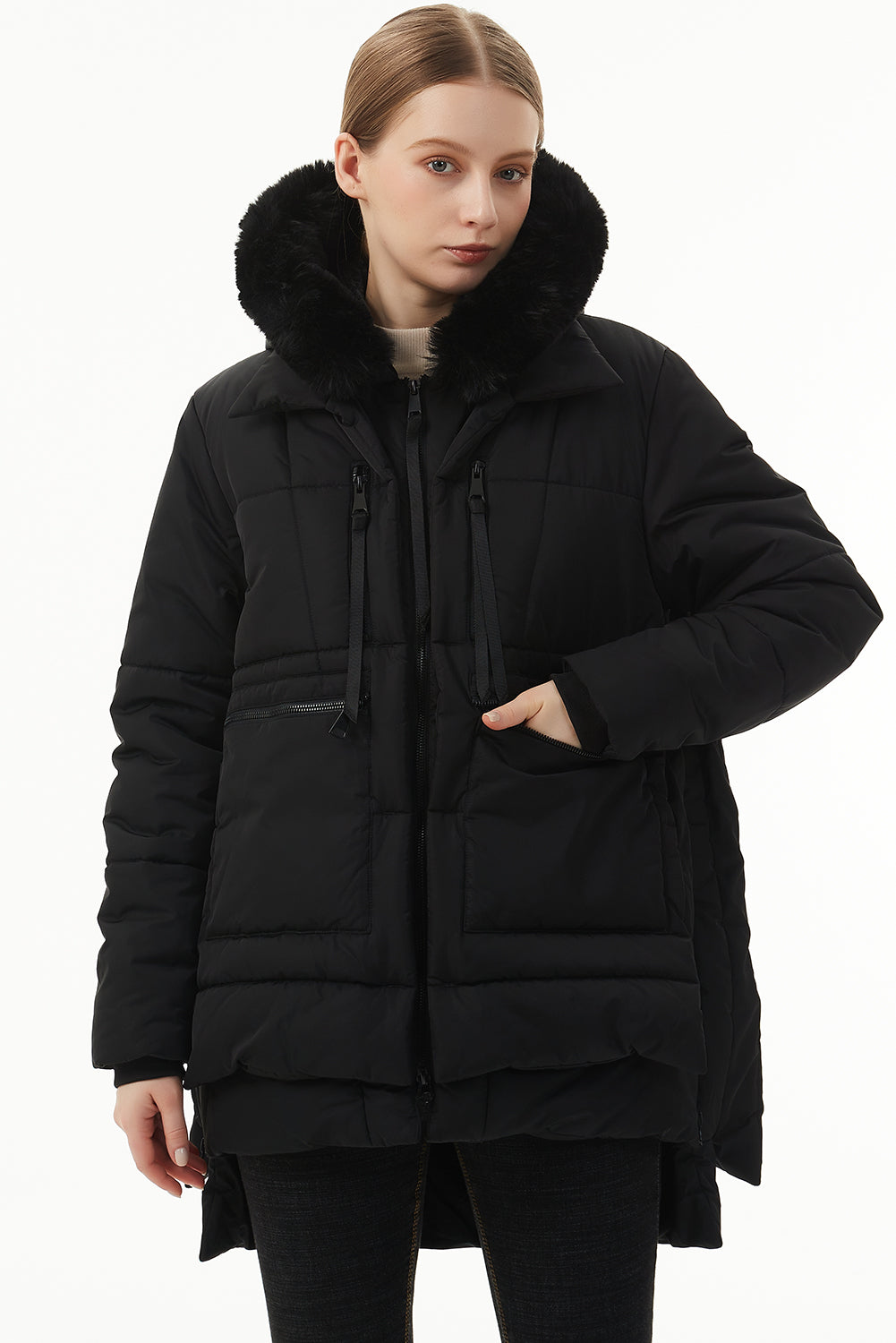 Beige Plush Linen Zip Up Hooded Puffer Coat