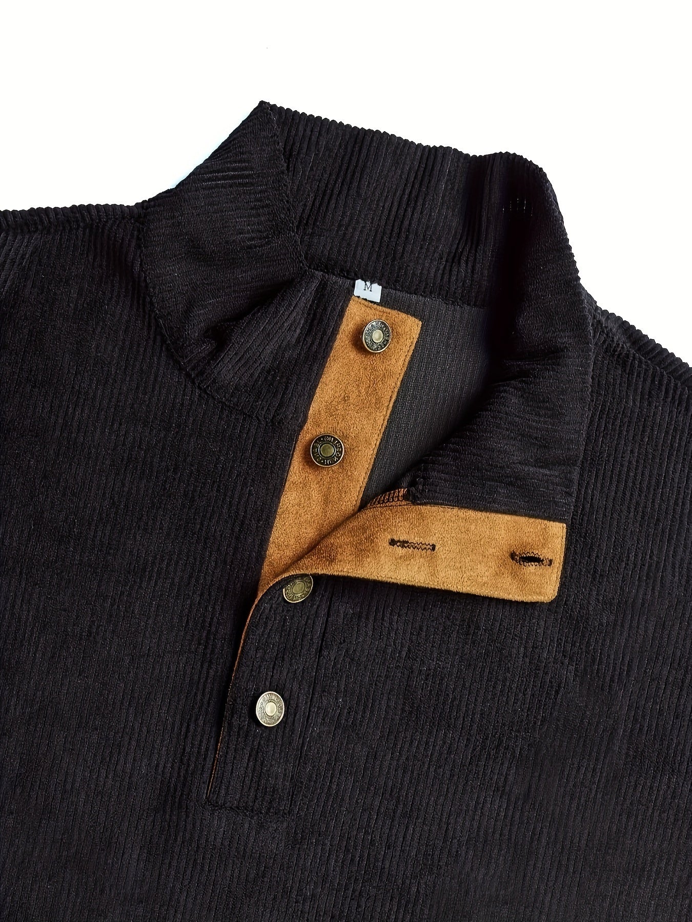 Ribbed Men's Casual Retro Stand Collar Thick Long Sleeve Henry Shirt, Fall Winter