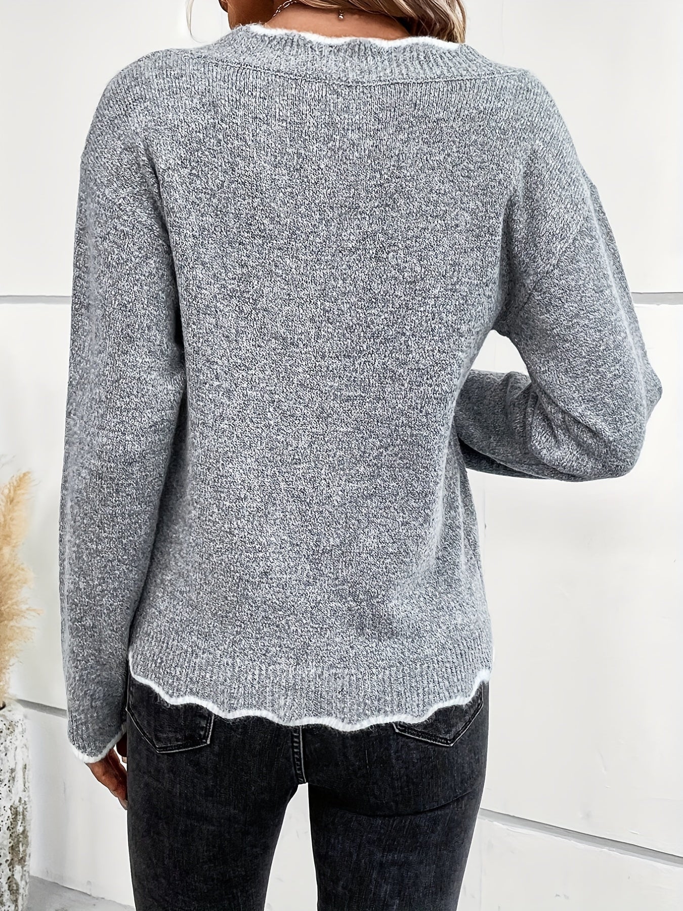 Scallop Trim Knit Sweater, Casual V Neck Long Sleeve Sweater, Women's Clothing