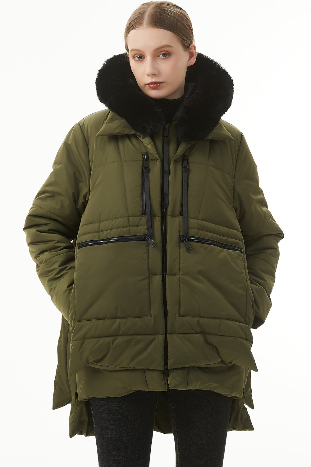 Beige Plush Linen Zip Up Hooded Puffer Coat