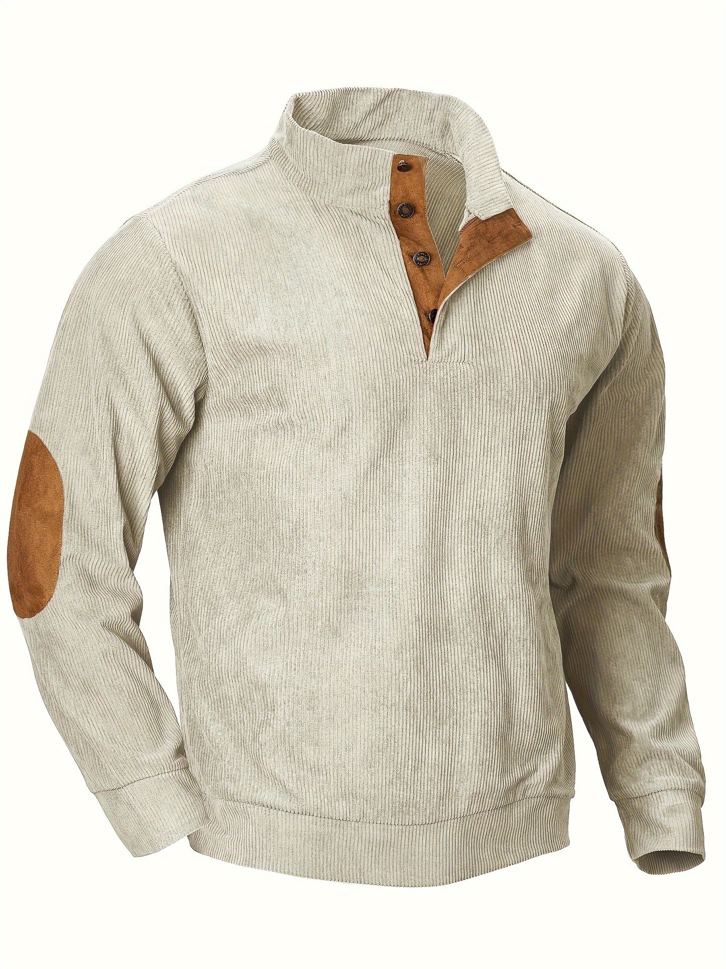 Ribbed Men's Casual Retro Stand Collar Thick Long Sleeve Henry Shirt, Fall Winter