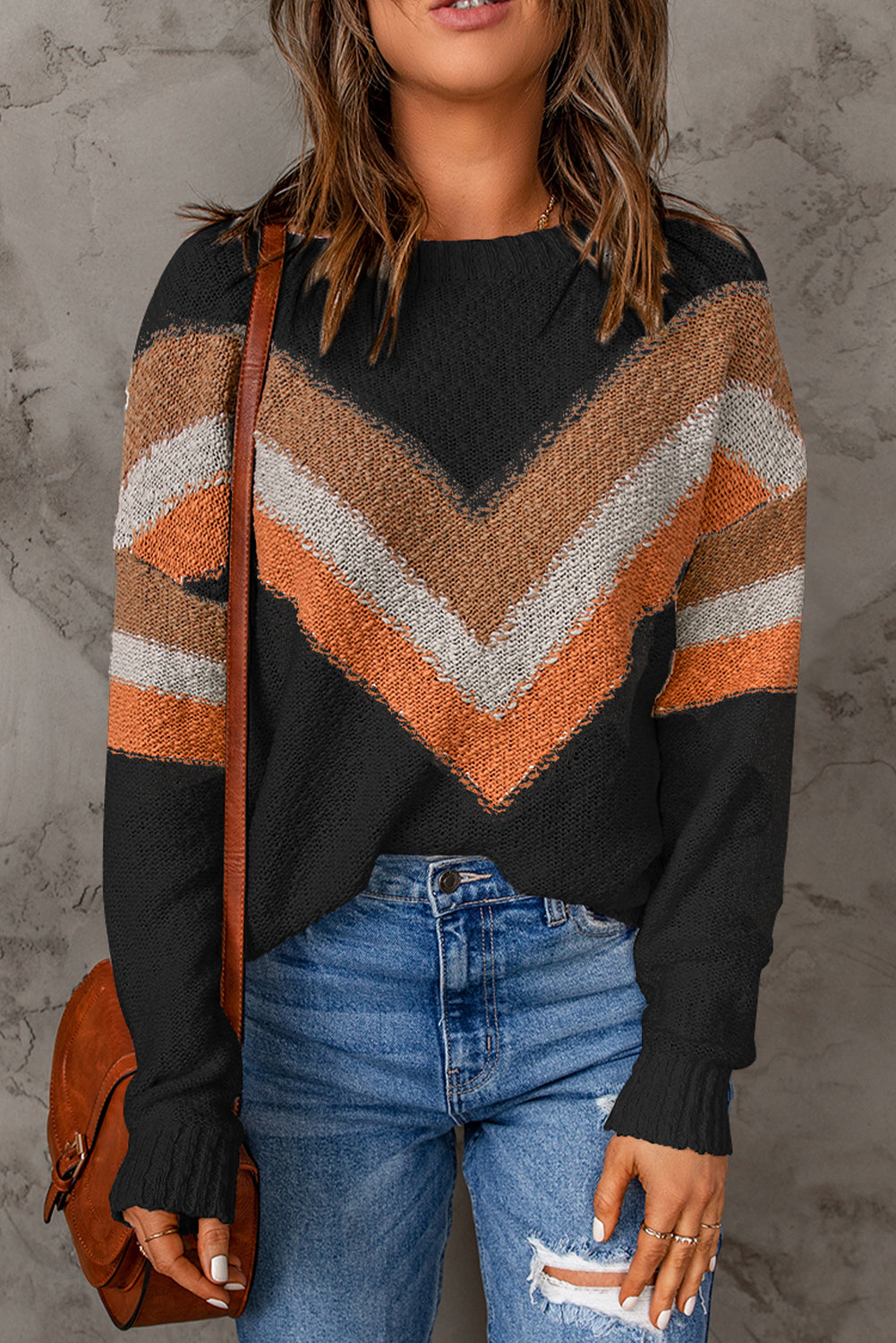 Black Chevron Striped Drop Shoulder Sweater