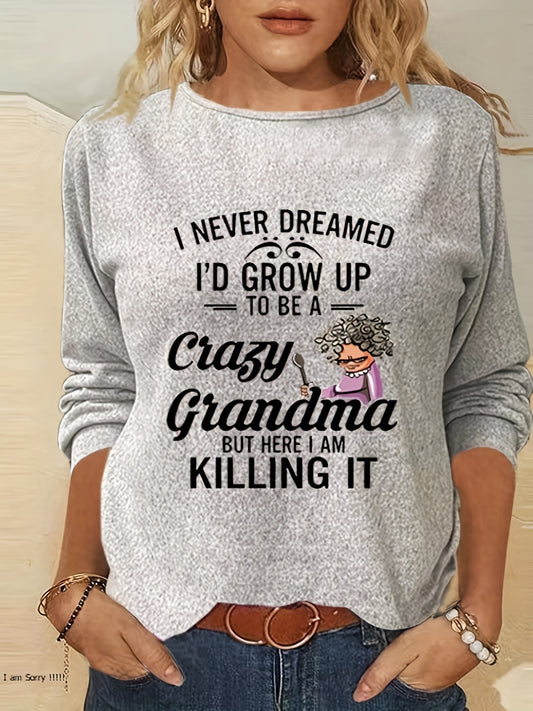 Plus Size Casual Sweatshirt, Women's Plus Cartoon Figure & Slogan Print Long Sleeve Crew Neck Pullover Sweatshirt, Casual Tops For Fall & Winter, Plus Size Women's Clothing