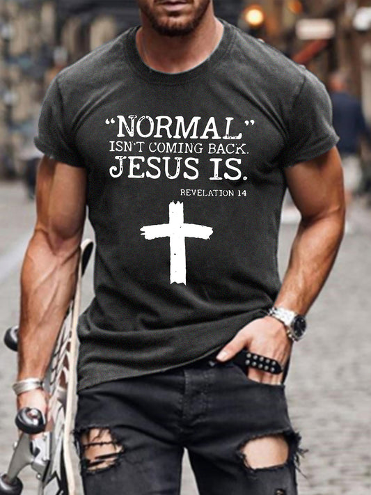 Cross & Jesus Letter Pattern Print Men's T-shirt, Graphic Tee Men's Summer Clothes, Men's Outfits
