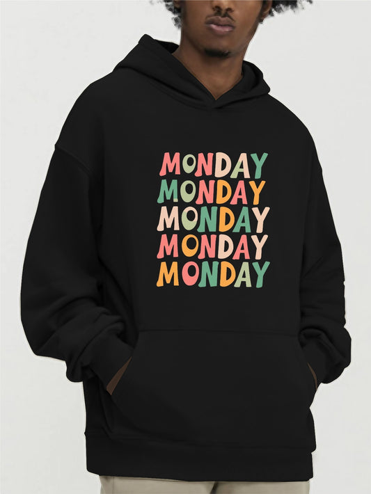 Men's Letter MONDAY Print Hoodie, Casual Loose Hooded Long Sleeve Slightly Stretch Top, Men's Clothings For Outdoor