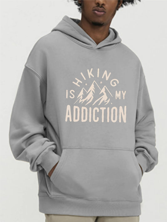 Men's Letter ADDICTION Print Hoodie, Casual Loose Hooded Long Sleeve Slightly Stretch Top, Men's Clothings For Outdoor