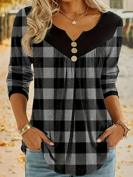Plaid Print Notch Neck Button T-Shirt, Casual Long Sleeve T-Shirt For Spring & Fall, Women's Clothing
