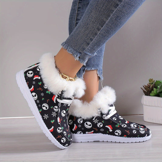 Women's Cartoon Print Fluffy Shoes, Slip On Fleece Lining Flat Soft Sole Shoes, Winter Plush Christmas Canvas Shoes