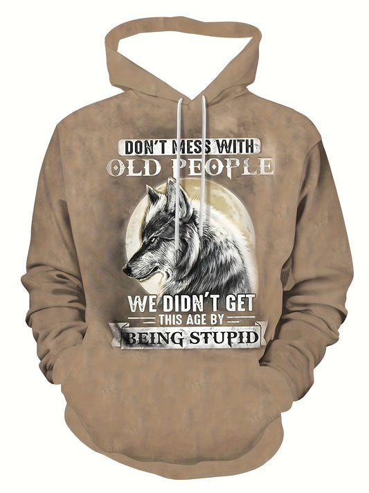 Men's Stylish Loose Wolf Pattern Hoodie With Pockets, Casual Slightly Stretch Breathable Long Sleeve Hooded Sweatshirt For City Walk Street Hanging Outdoor Activities