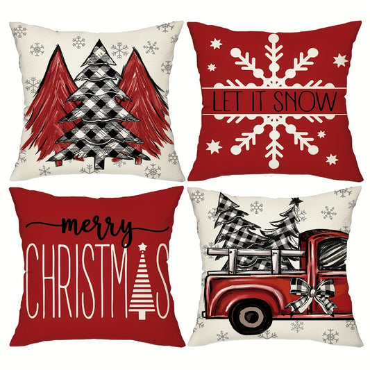 4pcs Red Christmas Pillow Covers, 18*18Inch Set Of 4 Farmhouse Christmas Decorations, Merry Christmas Tree Truck Hello Winter Holiday Decor Throw Cushion Cases For Couch Sofa Living Room Outdoor，Without Pillow Inserts