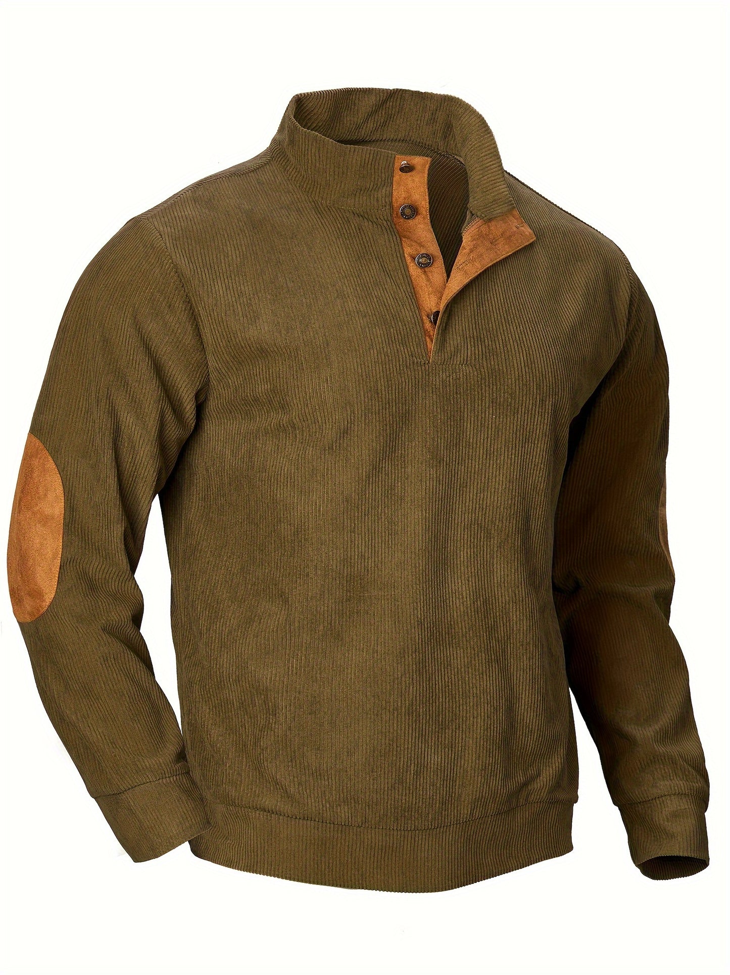 Ribbed Men's Casual Retro Stand Collar Thick Long Sleeve Henry Shirt, Fall Winter