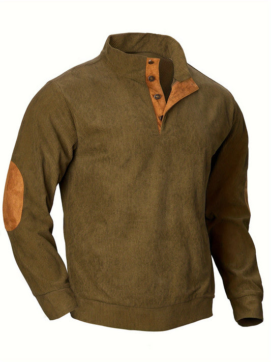 Ribbed Men's Casual Retro Stand Collar Thick Long Sleeve Henry Shirt, Fall Winter