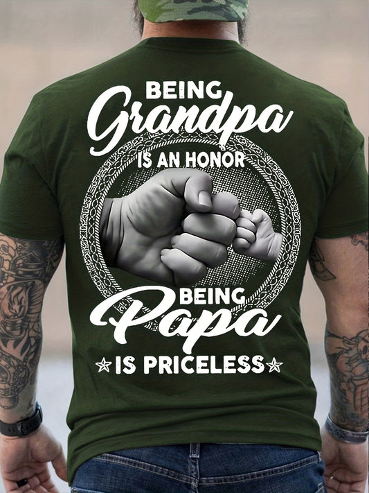 Men's Trendy T-shirt For Summer Outdoor, Casual "Being Grandpa Being Papa" Letter Print Slightly Stretch Crew Neck Tee Short Sleeve Stylish Clothing