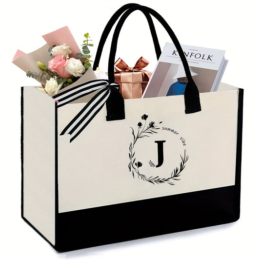 Initial Canvas Tote Bag With Zipper Pocket 13OZ Embroidery Monogrammed Personalized Birthday Gifts For Women And Men | Letter J