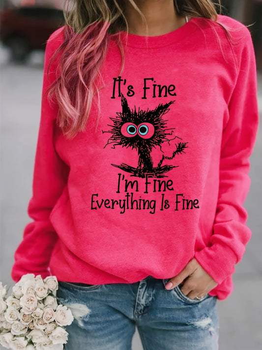 It's Fine Cartoon Cat Print Sweatshirt, Long Sleeve Crew Neck Casual Sweatshirt For Winter & Fall, Women's Clothing