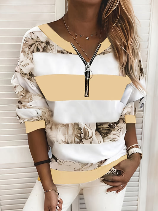 Floral Print Striped Zipper Pullover Sweatshirt, Casual Long Sleeve Sweatshirt For Fall & Winter, Women's Clothing