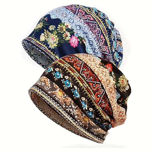 Vintage Floral Print Beanie Boho Coldproof Warm Knit Hat Casual Headband Elastic Skull Cap Chemo Hats For Autumn & Winter